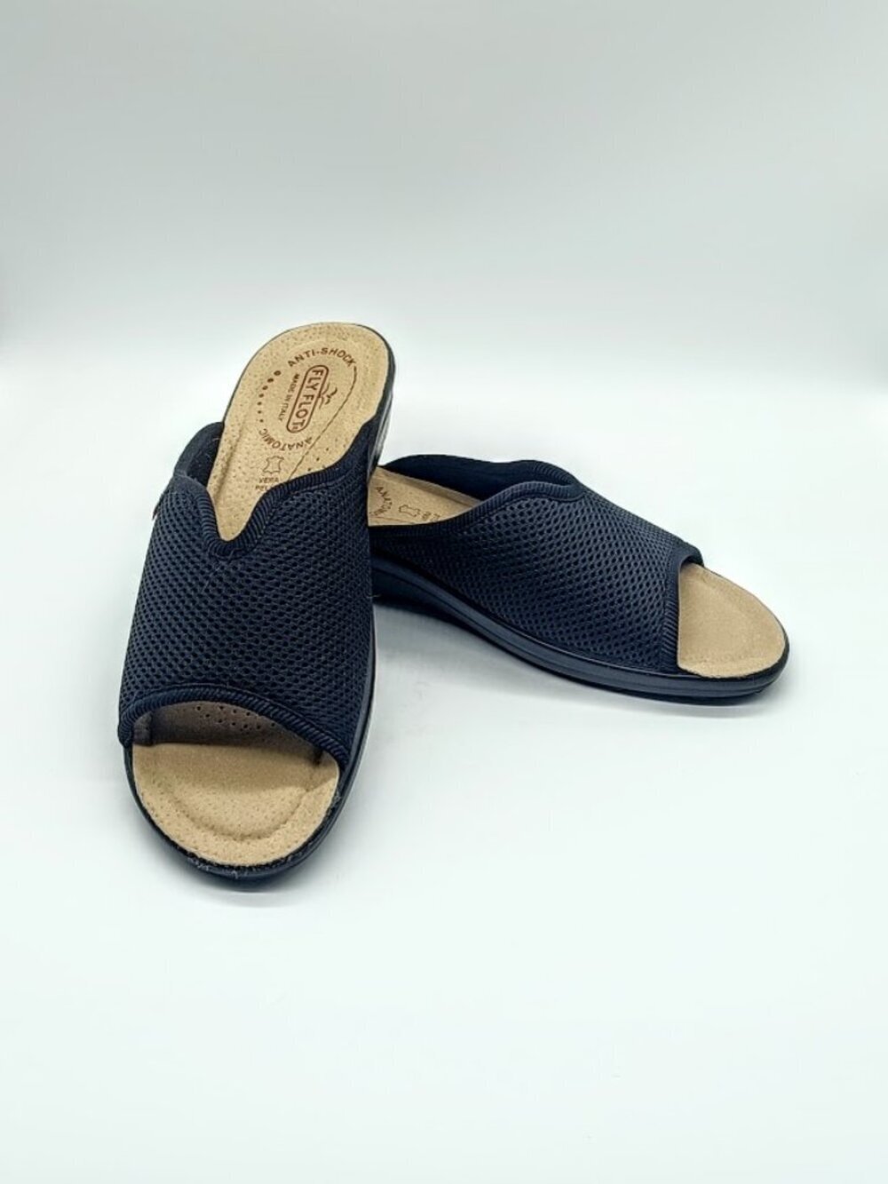 Fly Flot Black Italian Mesh Slip-On Sandals - Size 39